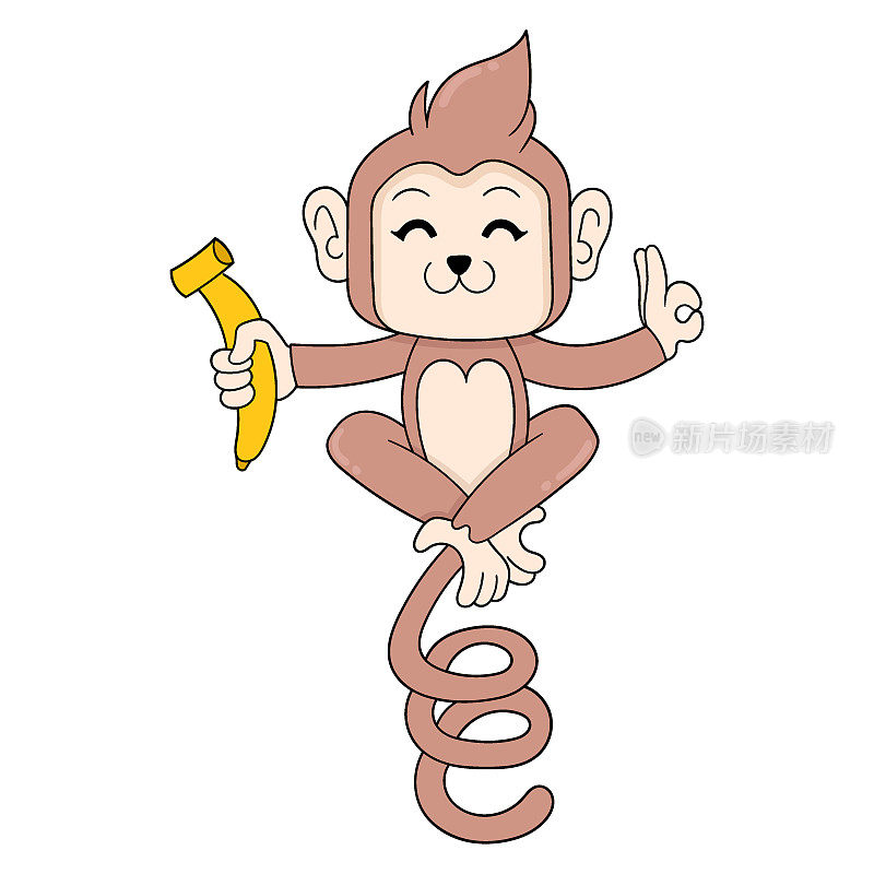 猴子正在冥想，手里拿着一根香蕉，脸上洋溢着快乐的表情，涂鸦的图标形象可爱