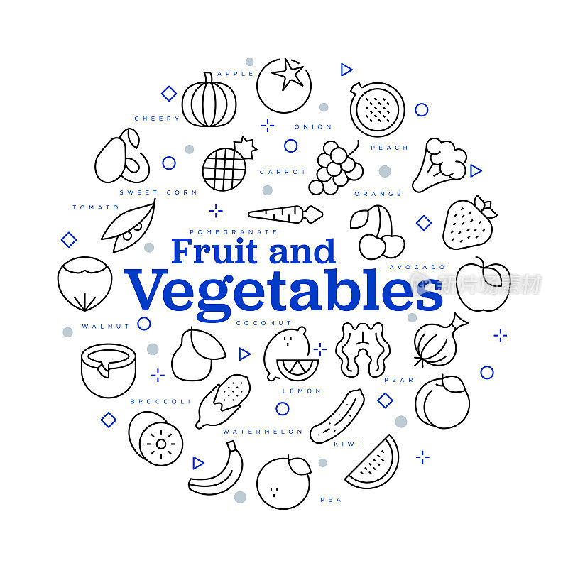 水果和蔬菜的概念。矢量设计与图标和关键字。