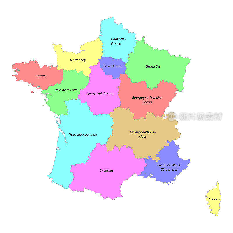 高质量彩色标签的法国地图与边界