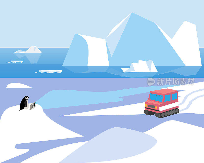 南极洲的冰川景观，一个企鹅家庭正在考虑一辆雪地摩托。南极景观。
