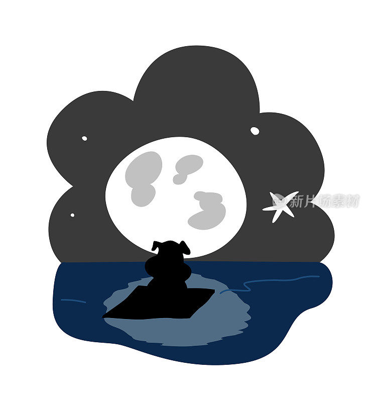 可爱的孤独的猪剪影字符木筏上的海洋中，在夜晚，月亮和星星在背景中。卡通风格的插图。