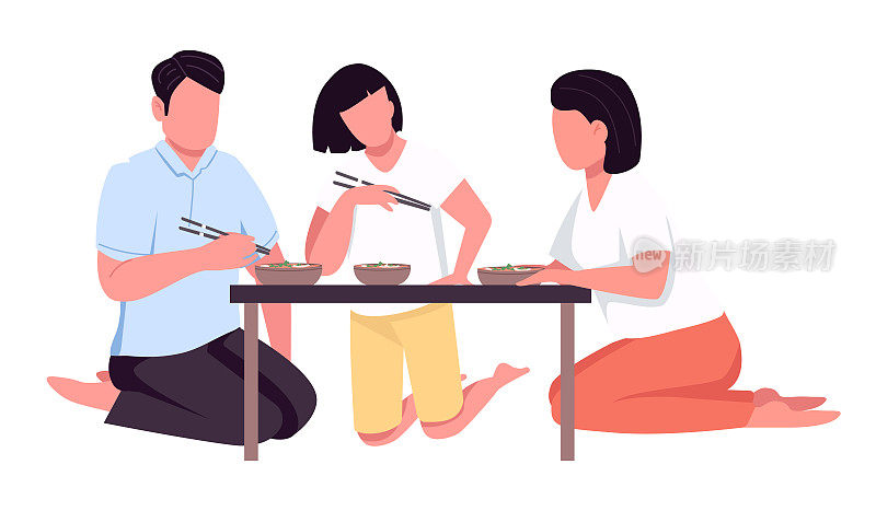 一家人用筷子吃饭，颜色矢量字半平