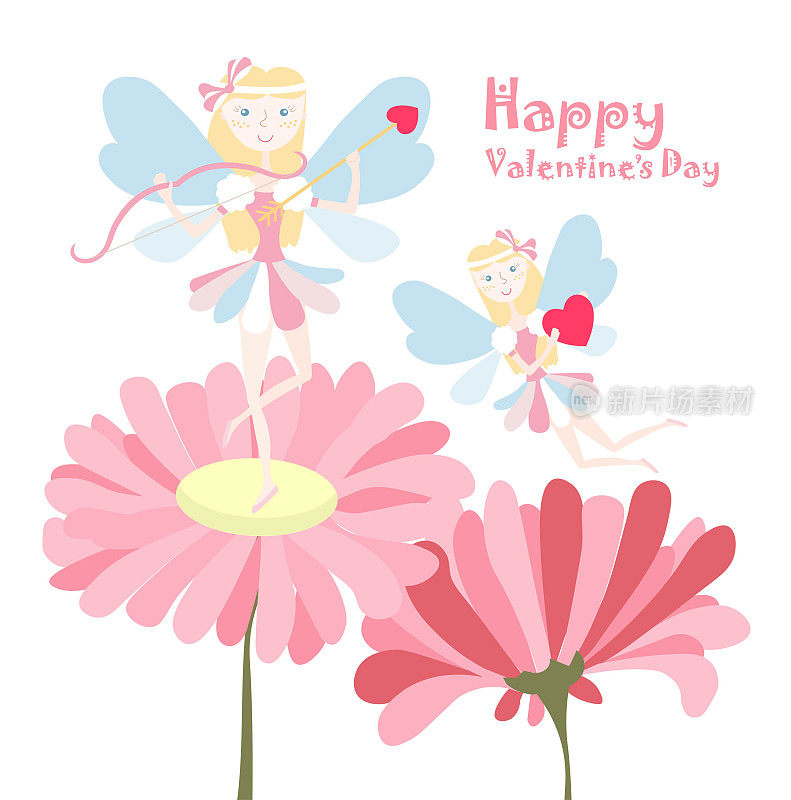 情人节快乐横幅。魔术飞行仙女在粉红色的花朵卡通平面设计