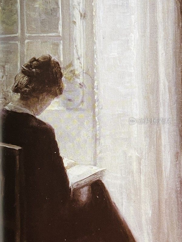 女人在窗边读书，后视镜