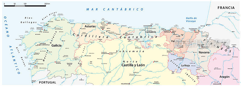 西班牙北部省份的详细矢量地图