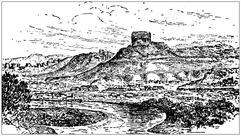 美国，怀俄明地标和公司的古董插图:绿河和孤山