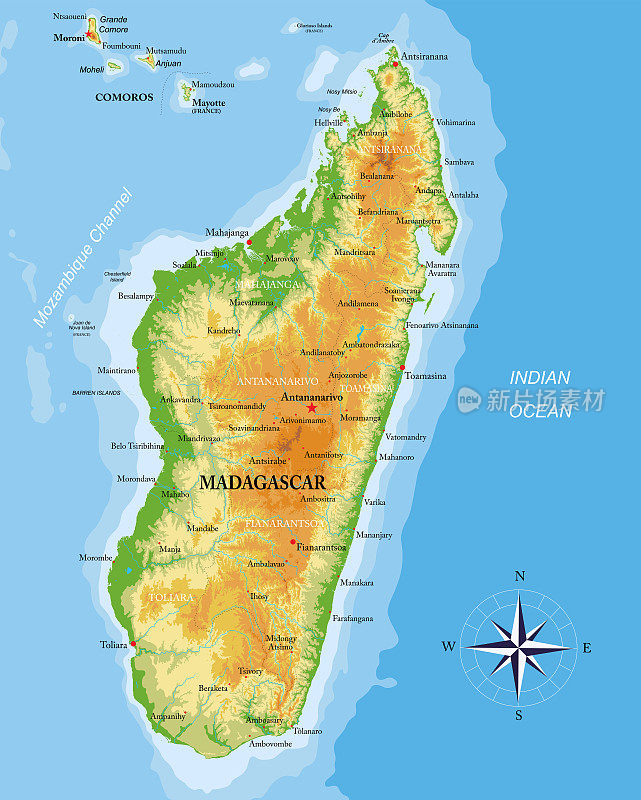 马达加斯加非常详细的物理地图