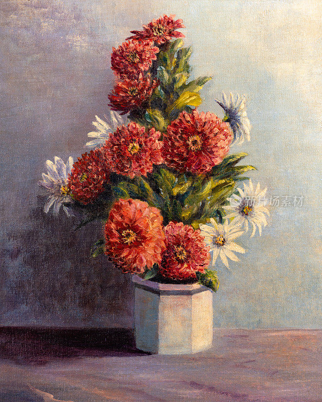 菊花花瓶中的花束印象派油画