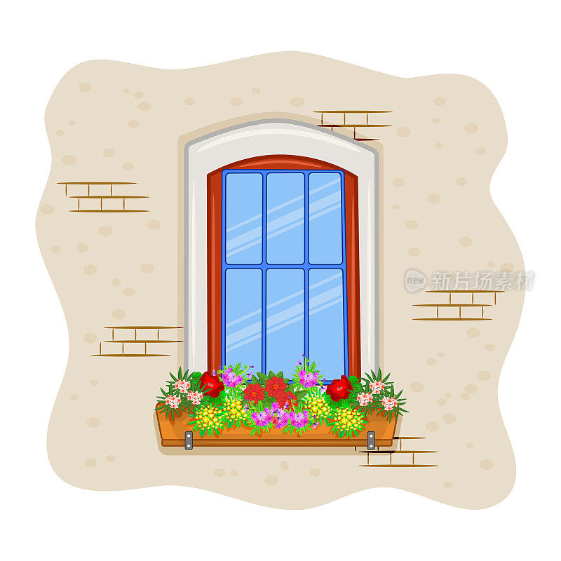 窗与花在花盆孤立在白色背景。复古欧式木窗，挂花花园。