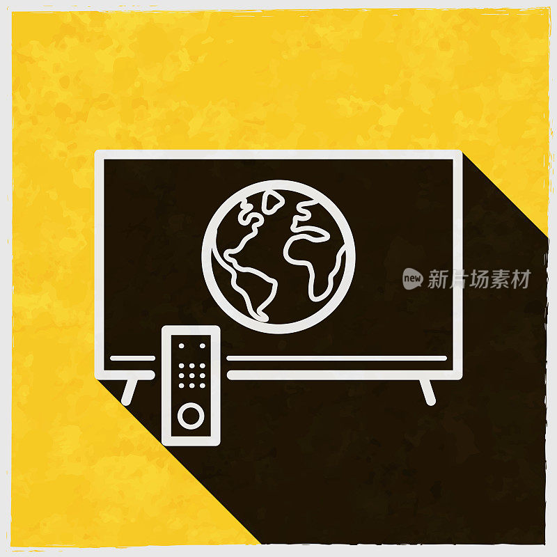 电视与地球。图标与长阴影的纹理黄色背景