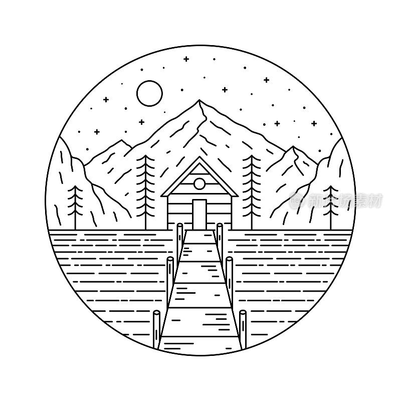 自然山上的小屋与木码头在单线艺术，贴片徽章设计，徽章设计，t恤设计