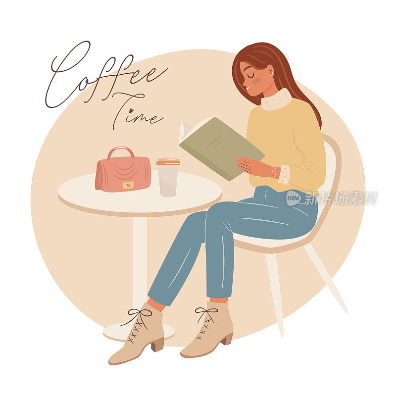 一个女人在咖啡馆里看书喝咖啡。