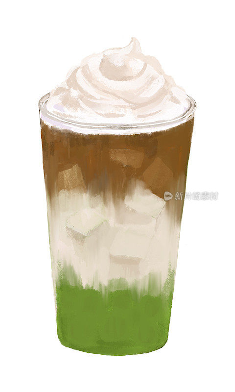 拿铁咖啡绿茶。水彩手绘插图。白色背景隔离