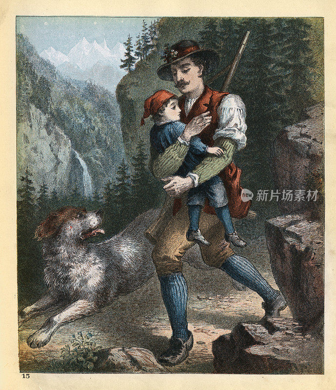 亨特和他的瑞士山地犬，森纳猎犬，带着他的儿子回家，维多利亚时代19世纪80年代