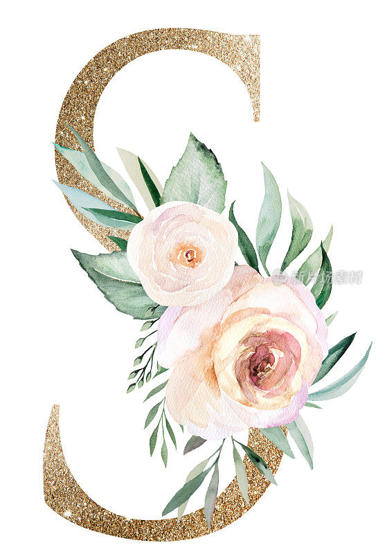 淡金色字母S与水彩玫瑰和叶子。粉彩花卉字母表