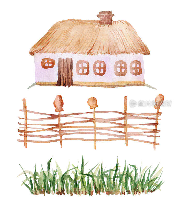 有稻草屋顶的乌克兰房子。草地上的乌克兰小屋