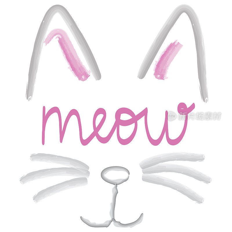 喵-手写文字的猫轮廓与胡须和耳朵在灰色和粉红色的颜色