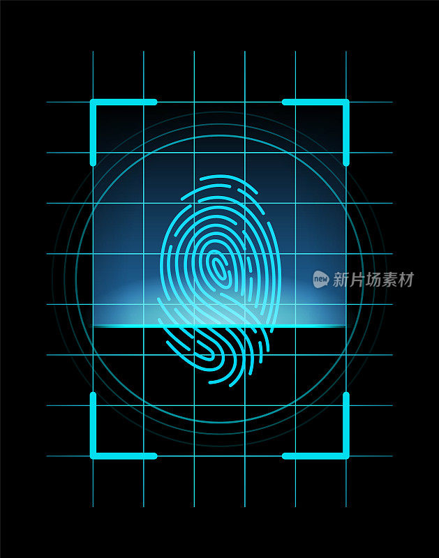 指纹识别。未来的技术。扫描指纹，安全或识别系统概念，矢量插图。生物特征数据的设计。拇指线安全系统