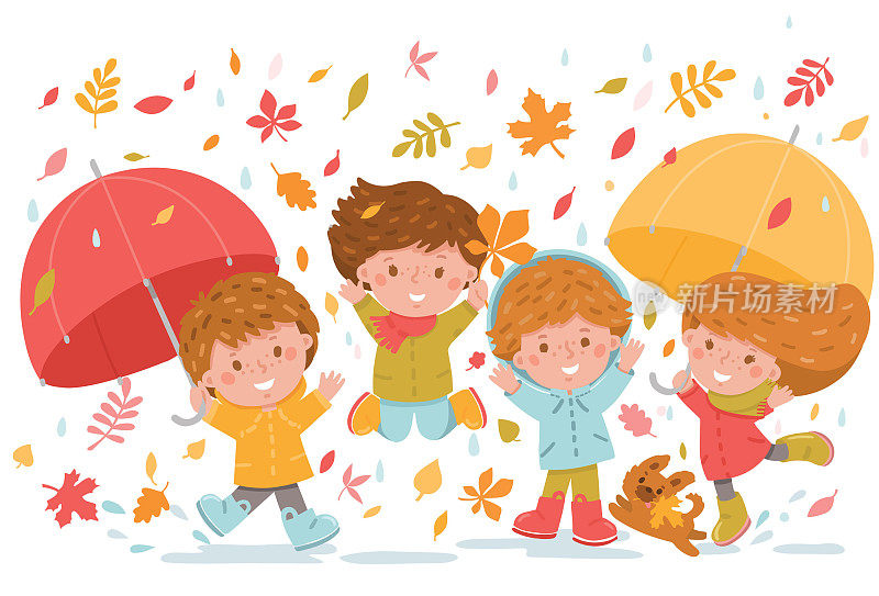 一群孩子在秋天的落叶中玩耍和跳跃