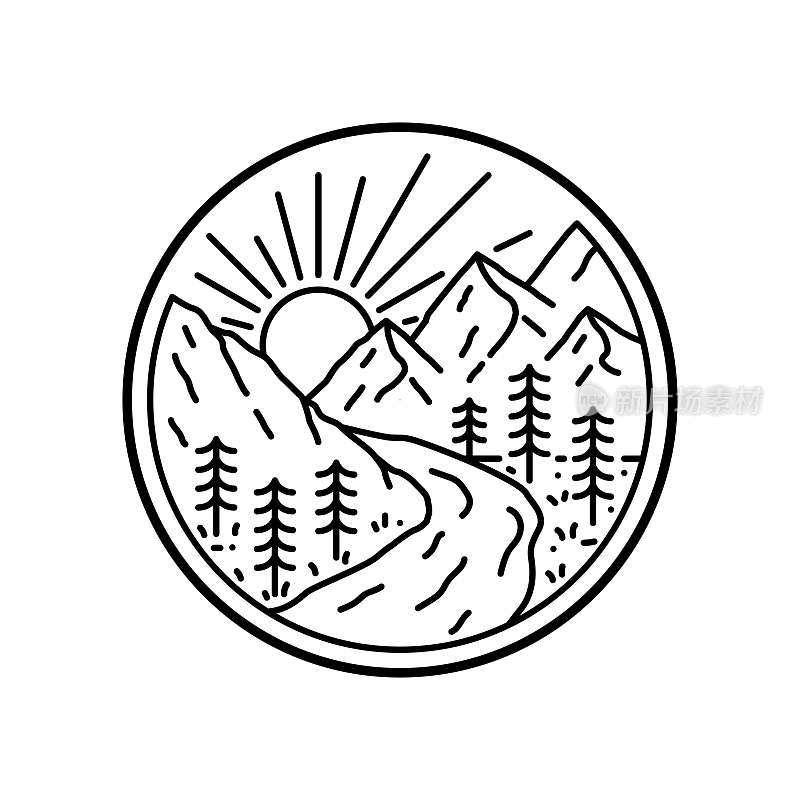 设计的山和小溪或湖泊在单线艺术，徽章，徽章，t恤矢量，Tee设计