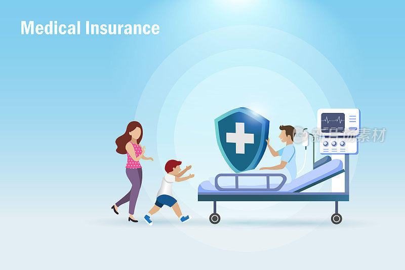 家庭意外医疗健康保险和健康保护。幸福的男人和家人在病床上用医保盾保护。