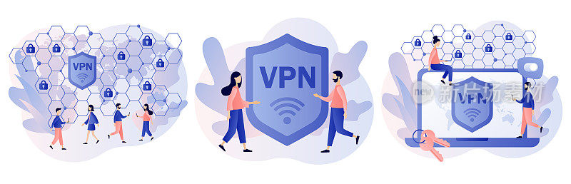 VPN服务理念。虚拟专用网络。网络安全，网络安全，数据保护，远程服务器。现代平面卡通风格。白色背景上的矢量插图