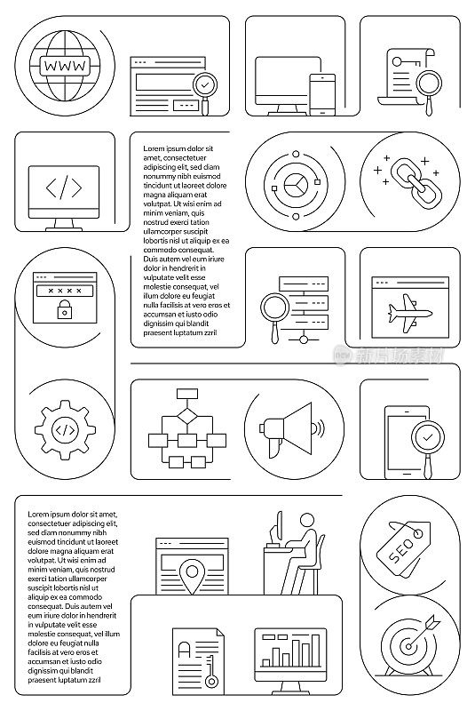 SEO相关矢量横幅设计概念，现代线条风格与图标