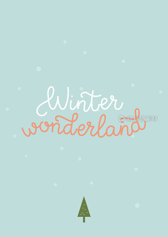 冬季仙境卡片上有字母和雪花。蓝色矢量设计模板与报价。冬季海报，明信片或季节性广告模板
