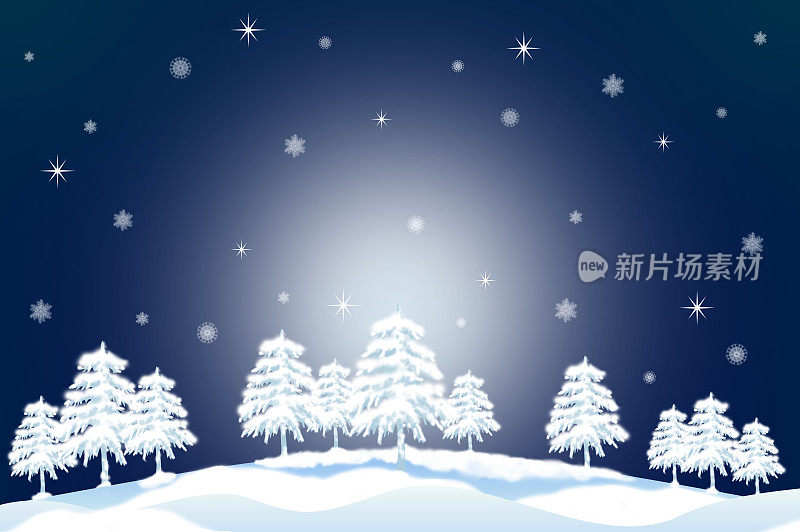 雪花和树木，雪景背景插画