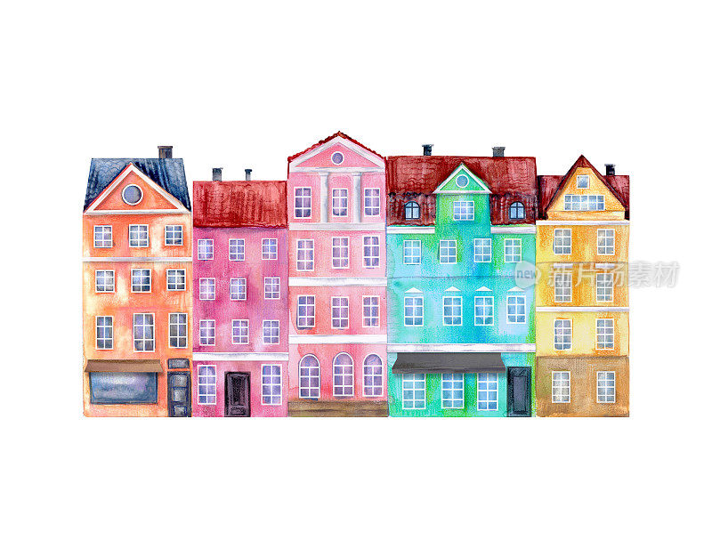 手绘水彩拼贴的房子，色彩鲜艳