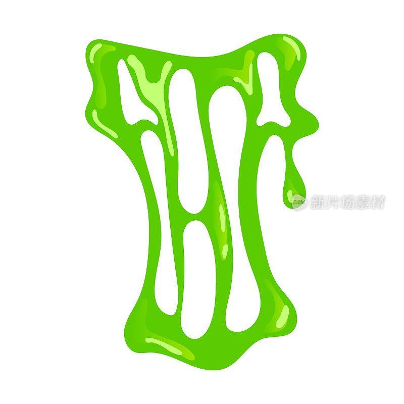 又细又黏的绿色黏液水花和斑点。粘性粘液飞溅或滴粘性液体的矢量图。卡通黏滴孤立在白色