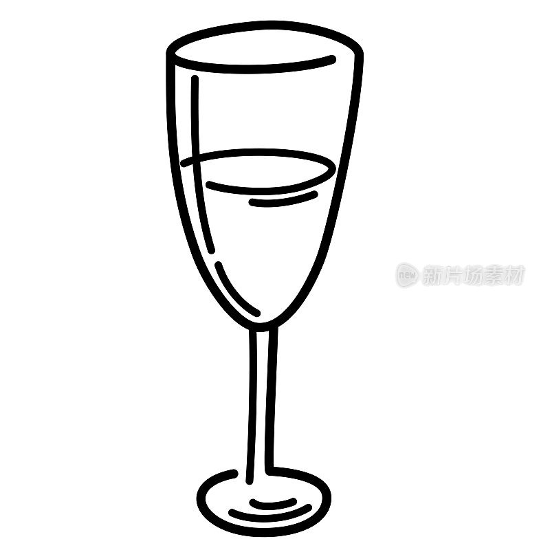 一杯香槟。卷筒纸印刷用线形艺术符号及其应用。矢量插图在涂鸦风格手绘孤立的白色背景。