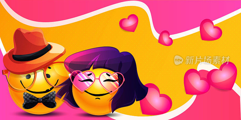 用卡通风格祝你情人节快乐。拟人化的一对表情符号在一个抽象的彩色背景与心。