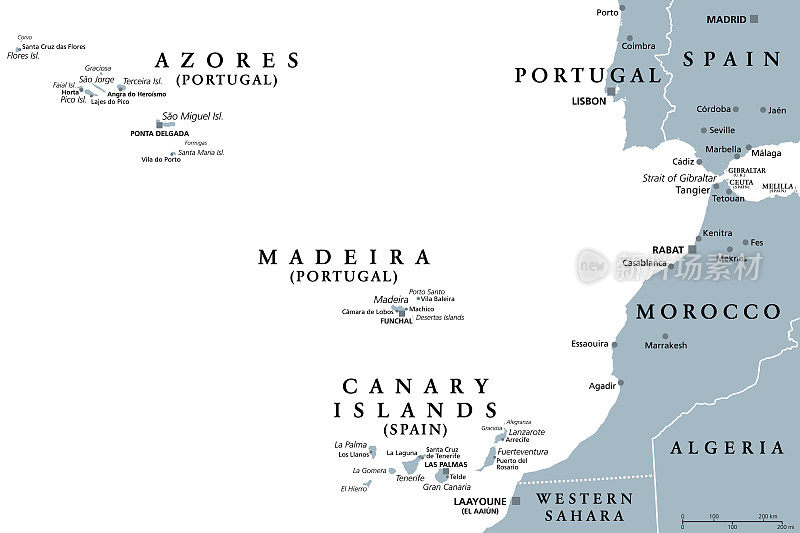 亚速尔群岛，马德拉群岛和加那利群岛，自治区，灰色政治地图
