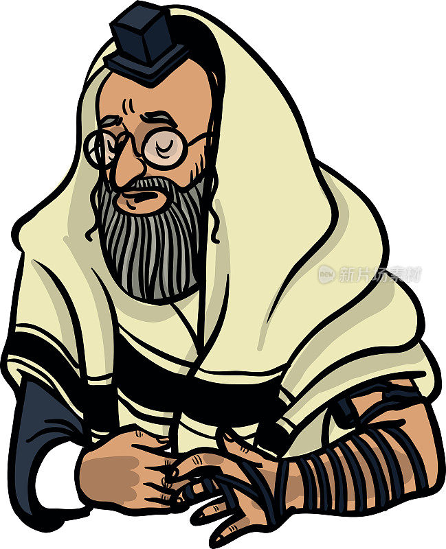 一个犹太人在祈祷，穿着tfilin
