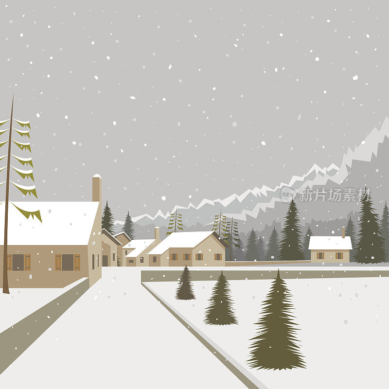 冬季山村背景，矢量插图