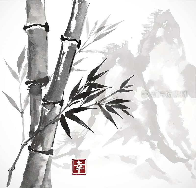 竹和山，用墨水手绘
