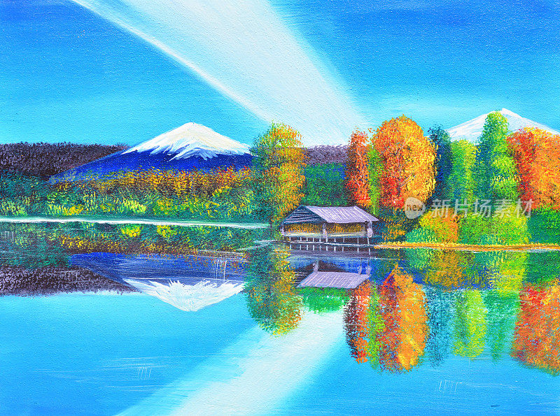 湖上的山空映照油画