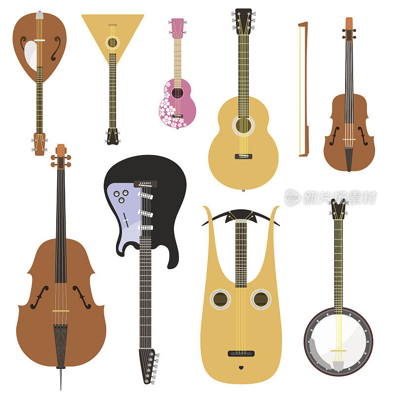 套弦乐器古典管弦乐队的艺术音响工具和声学交响木弦琴设备矢量插图