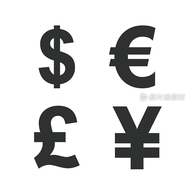 美元，欧元，英镑和日元货币图标