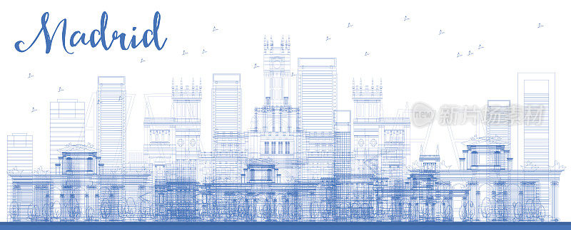 用蓝色建筑勾勒出马德里的天际线。