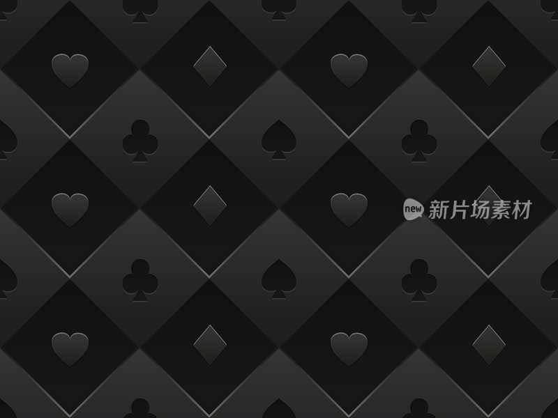 黑色无缝花纹织物扑克桌。极简的赌场矢量3d背景与纹理组成的体积卡符号