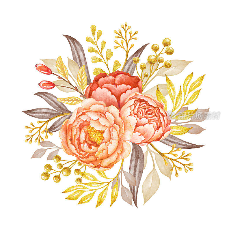 圆形花束，珊瑚和桃牡丹花和金叶，水彩插图，孤立在白色背景