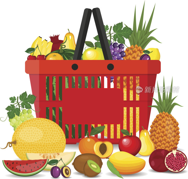 超市里装满了新鲜水果。天然有机食品购物篮。向量集超市篮子水果