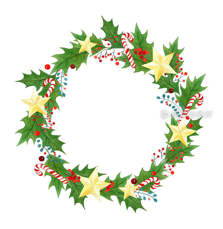 用树枝、树叶、冬青浆果、糖果、金色星星装饰的圣诞花环。贺卡的季节性设计。