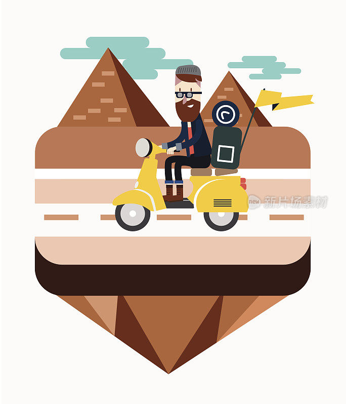 赶时髦的人骑着摩托车靠近埃及金字塔的场景。