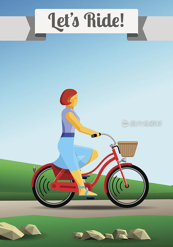 红头发的年轻女子在乡下骑自行车