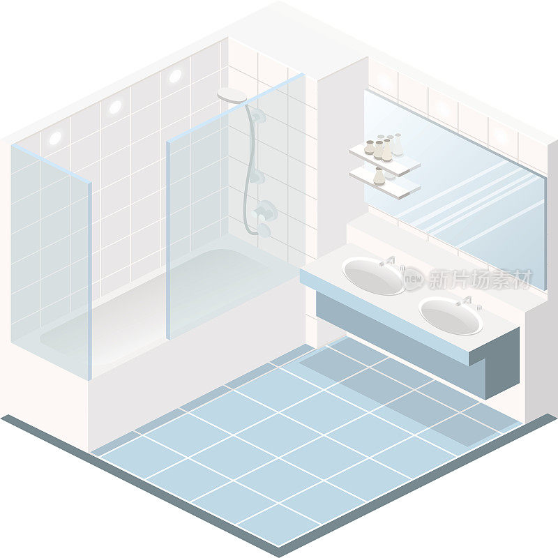 浴室内部的等距平面3D
