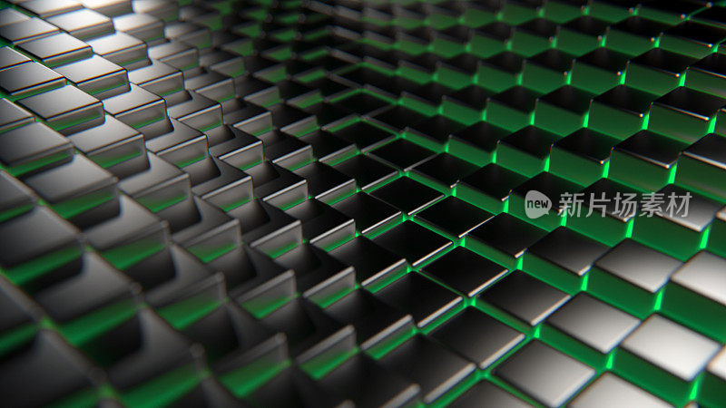抽象的铁3d立方体绿色头发的背景。三维渲染