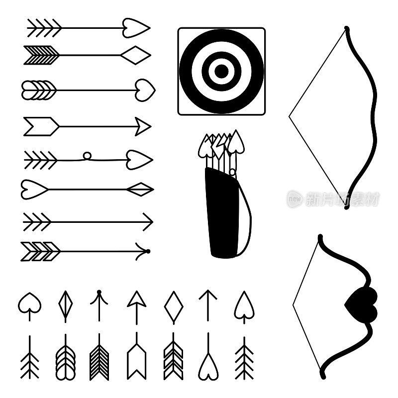 箭头和弓clipart快乐情人节设置矢量插图。